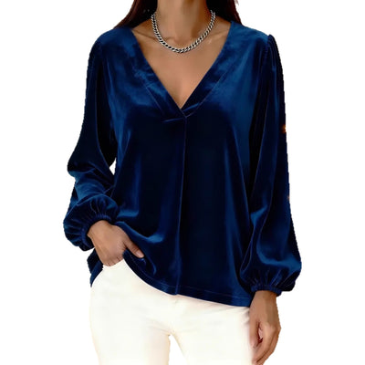 Blusa de Terciopelo con Cuello V y Mangas Linterna - Elegancia Luxuosa - Image 5