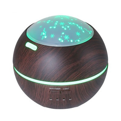 Mini wood grain aroma diffuser and humidifier with a starry night light projector, emitting mist and glowing purple. - Image 2