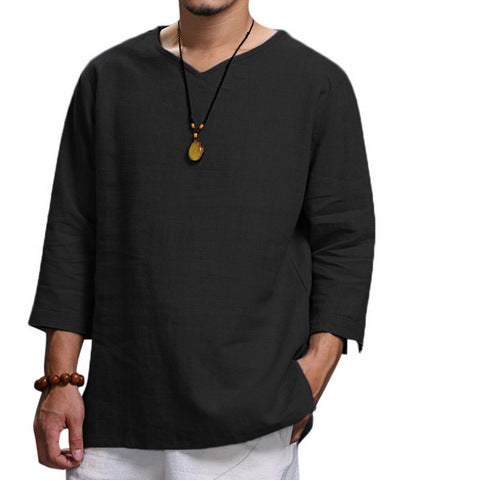 Camisa Holgada de Algodón y Lino con Cuello V - Manga Larga para Hombre - Image 3