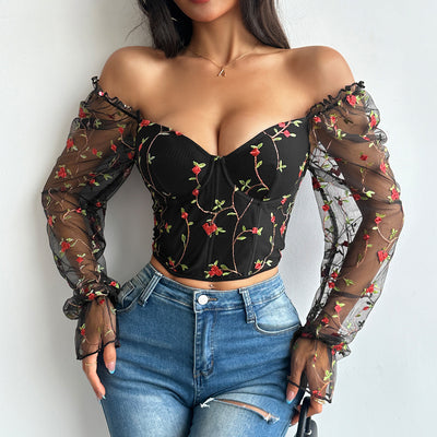 Blusa Larga de Malla Transparente con Parches Bordados - Image 19