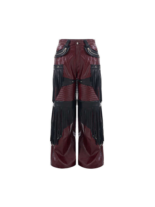 Pantalones de Cuero PU Rojo Diseño Deconstruido para Hombre - Image 10