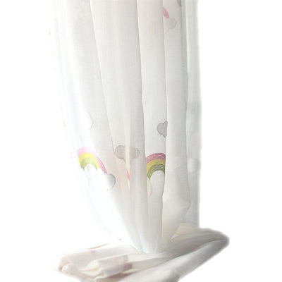 White sheer gauze curtain with colorful embroidered rainbows and grey clouds, suitable for a child's room. - Image 2