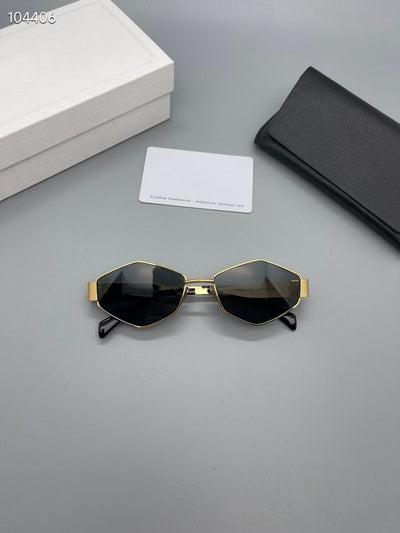 Gold metal polygon sunglasses with dark lenses, displayed with a white authenticity card and black case. - Image 12