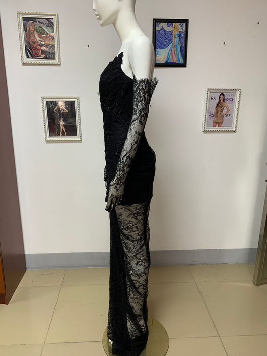 Vestido Largo Strapless con Encaje, Cuentas Brillantes y Abertura Sensual - Image 9