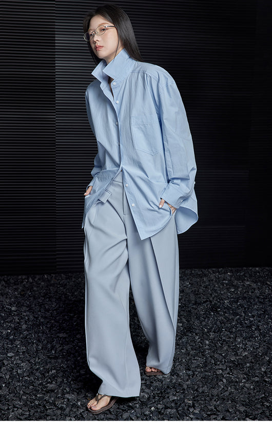 Blusa Minimalista Suelta Azul de Manga Larga para Mujer - Image 11