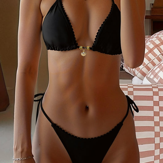 Black two-piece bikini swimsuit set with triangle top, shell pendant, and tie-side ruched bottoms with ruffled trim. - Image 4