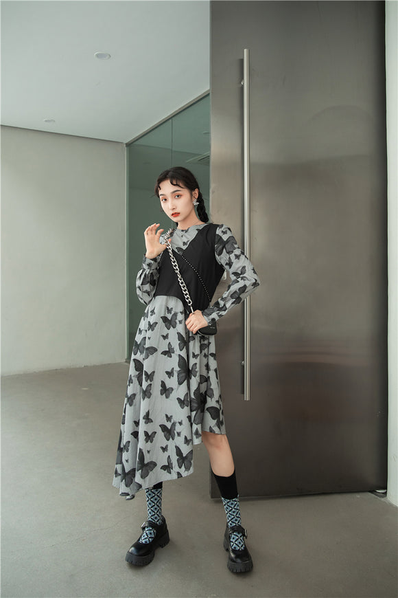 Vestido Otoñal Retro con Estampado de Mariposas y Diseño Superpuesto