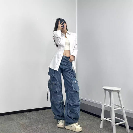 Pantalones Vaqueros Anchos para Mujer con Múltiples Bolsillos - Image 3