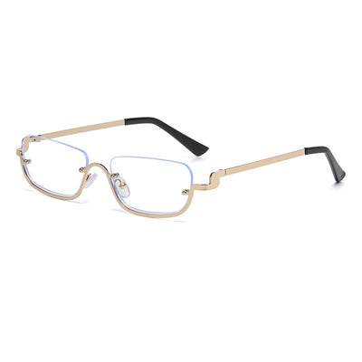 Gold frame semi-rimless sunglasses with brown rectangular lenses and black temple tips on a white background. - Image 2