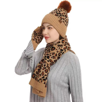 Conjunto de Invierno 3 Piezas: Gorro, Bufanda y Guantes en Lana Tejida Estampado Leopardo - Image 18