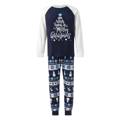 Matching family pajamas with navy blue and white raglan tops featuring a 'Let it Snow' graphic and snowman hat. Bottoms have a festive pattern of snowflakes, sn - Image 6