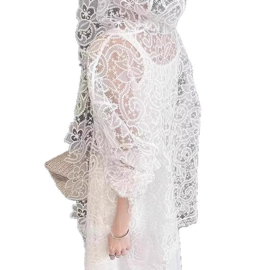 Blusa de Encaje Blanco Romántica con Protección Solar para Mujer - Image 5