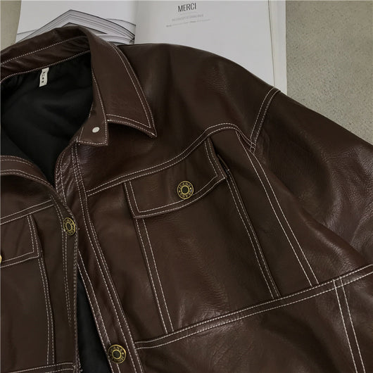 Chaqueta de Cuero PU para Motocicleta Mujer con Bolsillos Grandes y Costuras Topstitched - Image 30