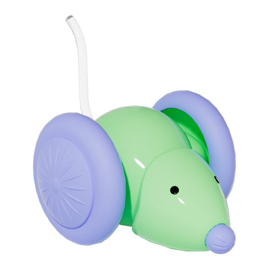 Green and purple electric mouse car cat toy with a glowing tail on a woven mat, designed for interactive play. - Image 6