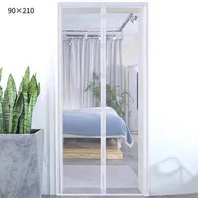 Black magnetic mosquito-proof curtain installed in a white doorway, with a puppy sitting in front of it. - Image 6