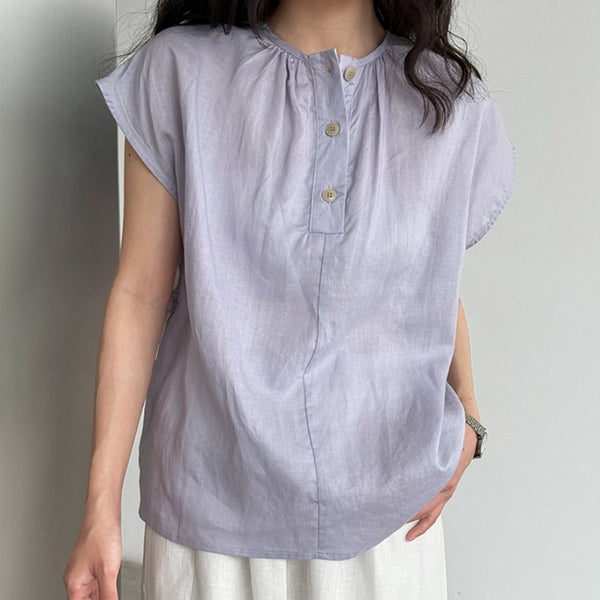 Blusa Tencel Lino Cuello Redondo Ajustada para Mujer