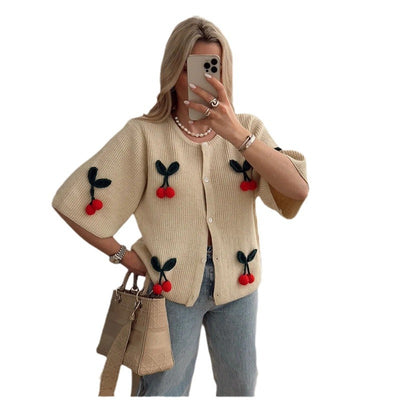 Cardigan Tejido Floral 3D Cuello Redondo Manga Corta - Image 4