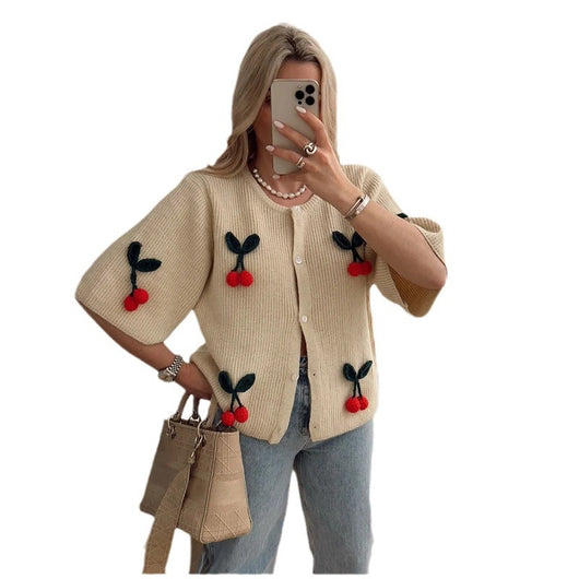 Cardigan Tejido Floral 3D Cuello Redondo Manga Corta - Image 4