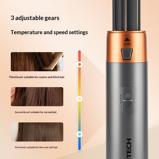 5-in-1 multifunctional hair styler with dark gray handle and rose gold accents, including hot air comb, curling wands, and paddle brush attachments, plus a blac - Image 2