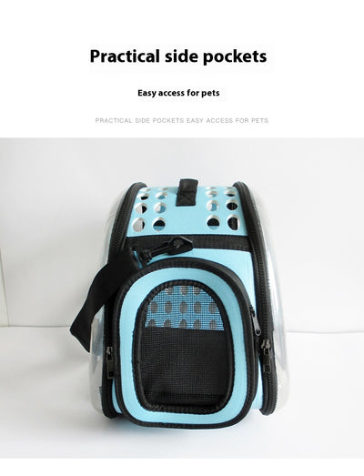 Gray and black pet carrier with a clear bubble window featuring paw prints and a mesh side for ventilation. - Image 30