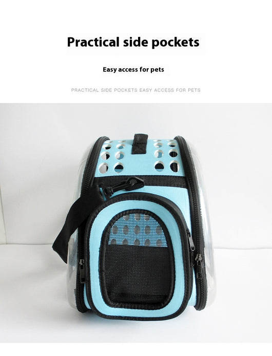 Gray and black pet carrier with a clear bubble window featuring paw prints and a mesh side for ventilation. - Image 30