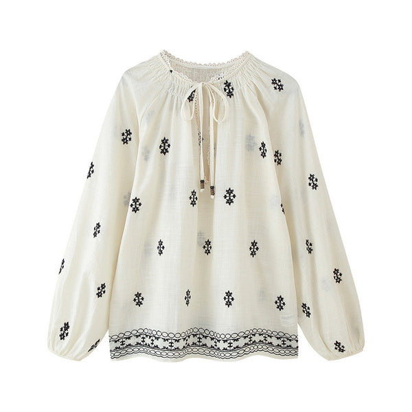 Blusa Casual Holgada con Encaje y Bordado - Manga Larga Estilo Europeo