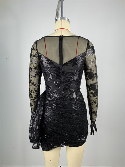 Vestido Ajustado Mini con Cuello Cuadrado y Encaje Espina de Pescado Negro - Image 12