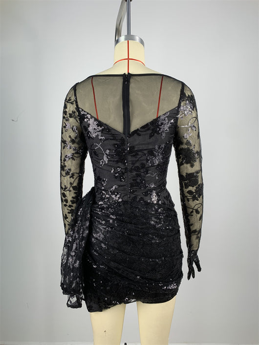 Vestido Ajustado Mini con Cuello Cuadrado y Encaje Espina de Pescado Negro - Image 12