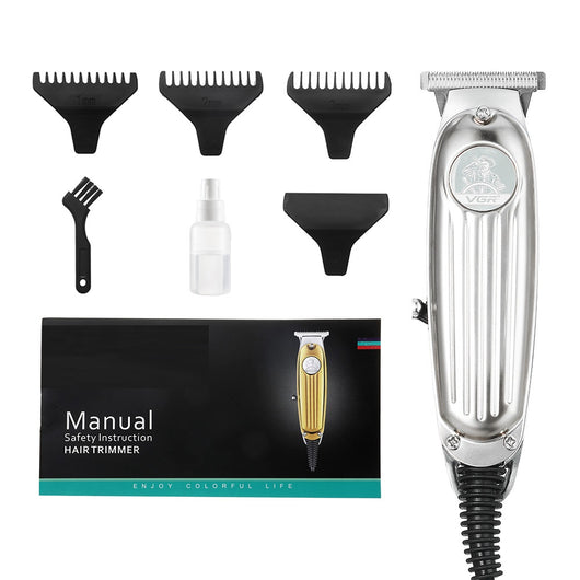 Silver electric hair clipper with cord, 1mm, 2mm, 3mm guide combs, cleaning brush, spray bottle, and manual. - Image 4