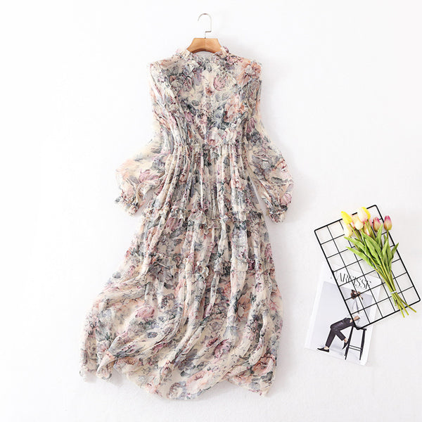 Vestido Largo de Seda con Manga Larga y Estampado Reductor de Cintura para Fiestas