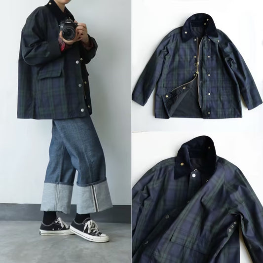 Abrigo Retro Cuadrille Verde Estilo Japonés con Cuello Vuelto en Pana - Image 2