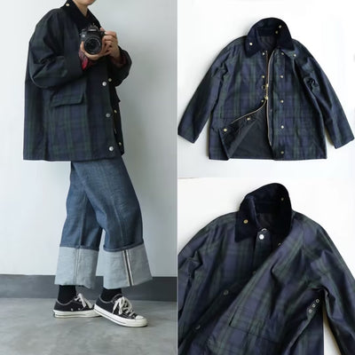 Abrigo Retro Cuadrille Verde Estilo Japonés con Cuello Vuelto en Pana - Image 2