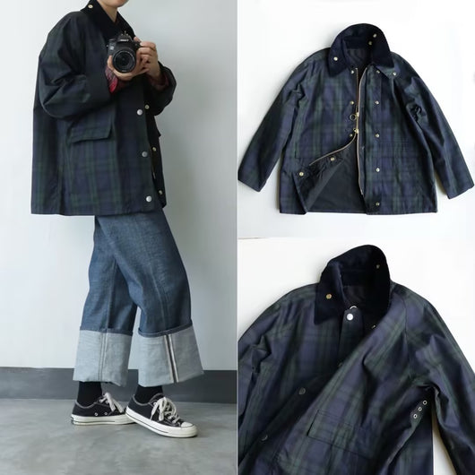 Abrigo Retro Cuadrille Verde Estilo Japonés con Cuello Vuelto en Pana - Image 2