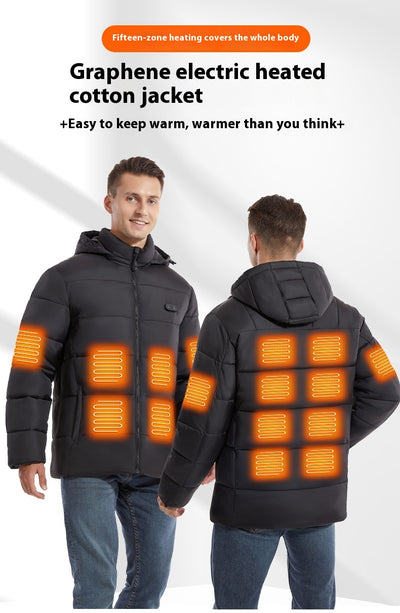 Man and woman modeling black smart heating puffer jackets with hoods, zippered pockets, and horizontal quilting. - Image 16