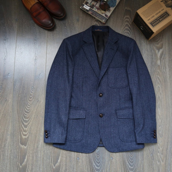 Chaqueta de Trabajo Vintage Americana en Tweed Espiga Lana Pesada con Botones Champiñón