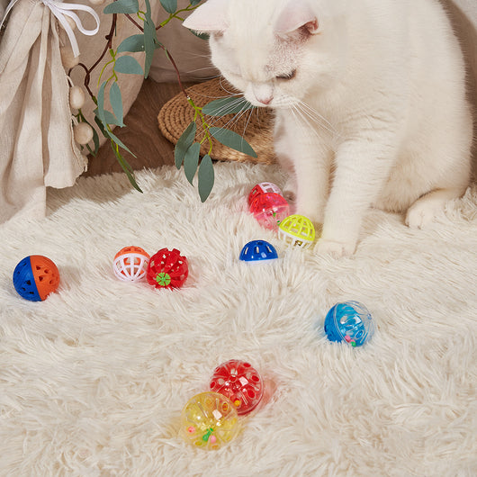 Six colorful plastic bell mesh hollow cat teasing balls in orange, green, red, purple, and pink, each 4cm. - Image 2