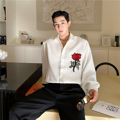 Camisa Pesada para Hombre con Patrón de Rosa Bordada y Tejido Jacquard Texturizado - Image 3