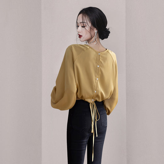 Blusa Cropped de Cuello Redondo con Manga Globo y Botones Simples - Image 10