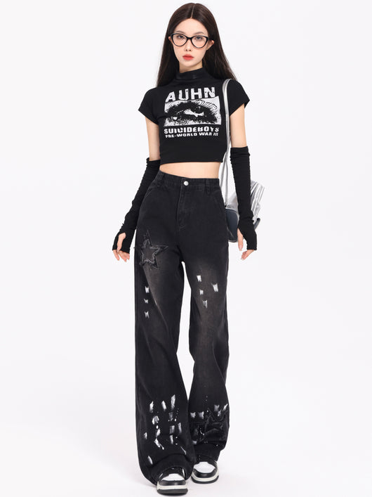 Jeans Retro Coreano XINGX Bordados Talle Alto Pierna Ancha Invierno - Image 4