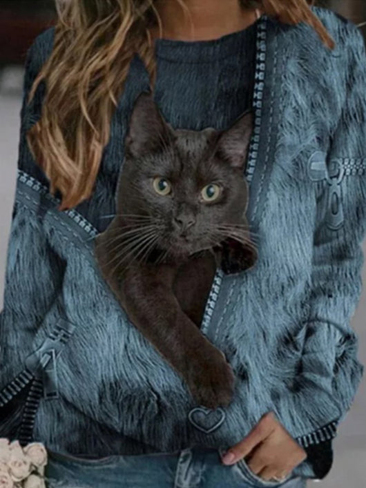 Gray long-sleeve t-shirt with a cartoon black cat peeking out of a printed zipper design, worn by a woman. - Image 2