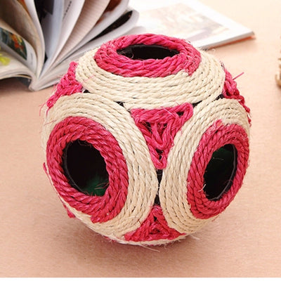 Two sisal cat toys, one pink and natural, one orange and natural, with multiple holes and feathers inside. - Image 6