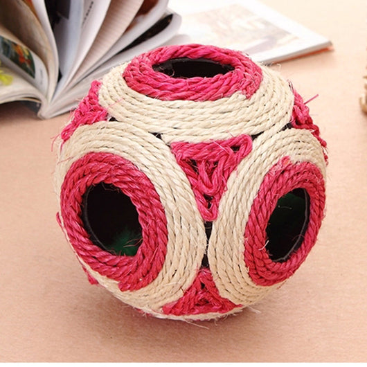 Two sisal cat toys, one pink and natural, one orange and natural, with multiple holes and feathers inside. - Image 6