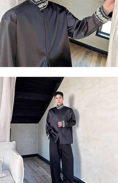 Camisa de Satén Elegante para Hombre con Cuello Mao y Detalles de Lentejuelas Brillantes - Image 7