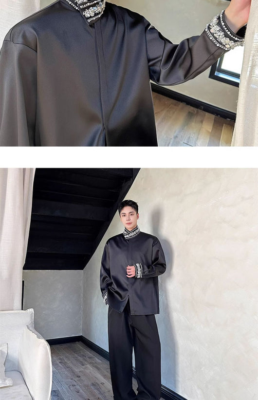 Camisa de Satén Elegante para Hombre con Cuello Mao y Detalles de Lentejuelas Brillantes - Image 7