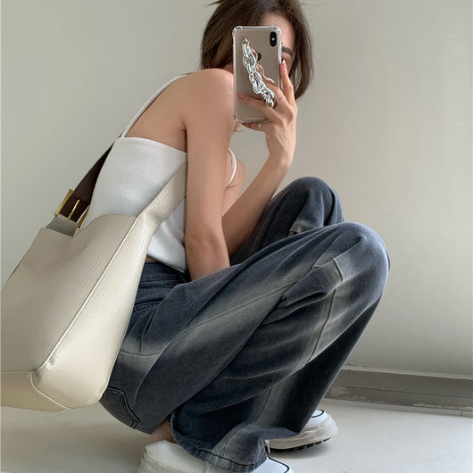 Pantalón Denim Gris Degradado Cintura Alta Ancho Suelto - Image 14