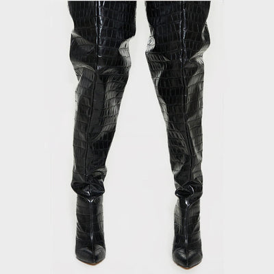 Botas Over-the-Knee con Tacón Grueso y Patrón Cocodrilo para Mujer - Image 7