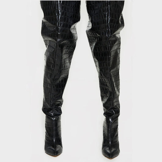 Botas Over-the-Knee con Tacón Grueso y Patrón Cocodrilo para Mujer - Image 7
