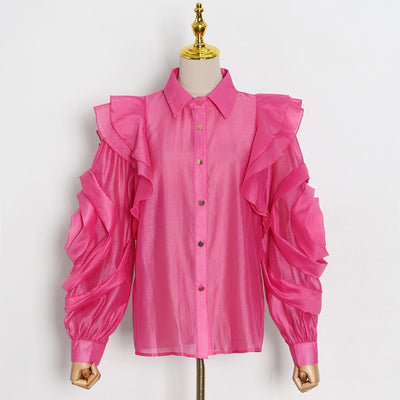 Blusa Organza Color Sólido con Cuello Solapa y Volantes - Image 11
