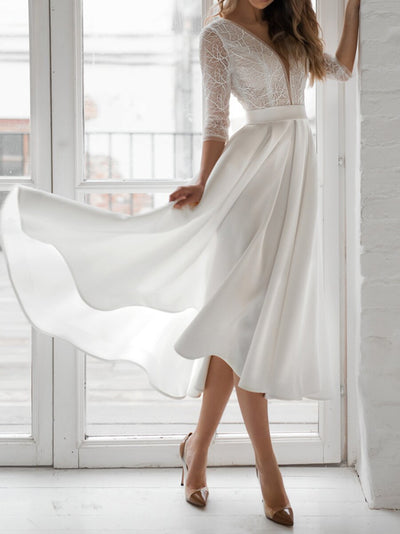 Vestido de Novia Satinado con Encaje en Espalda y Mangas Largas Bordadas - Image 2