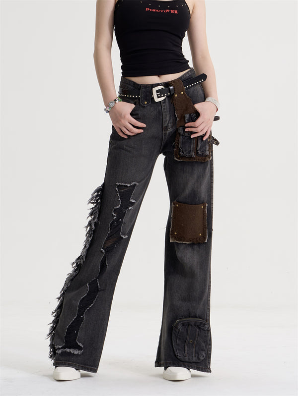 Jeans Retro Americano para Mujer con Parches de Borla y Costuras Decorativas